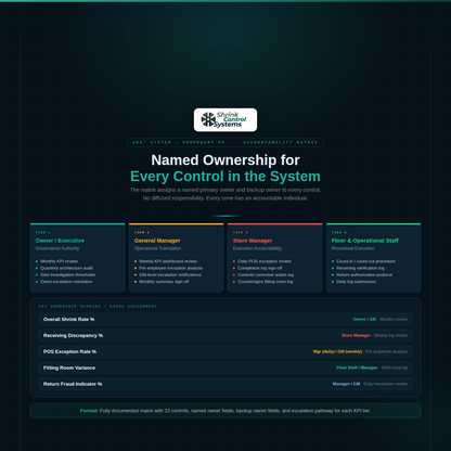 Retail shrink control accountability matrix showing ownership by role and responsibility for each control in the system